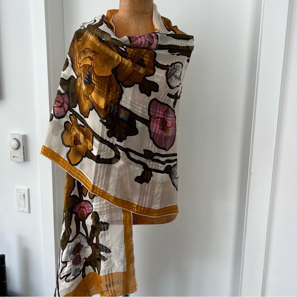 Vintage Jean Patou Paris 100% Silk Floral Scarf Long Rectangle 73”x30”